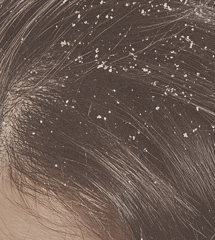 Close view of scalp flakes